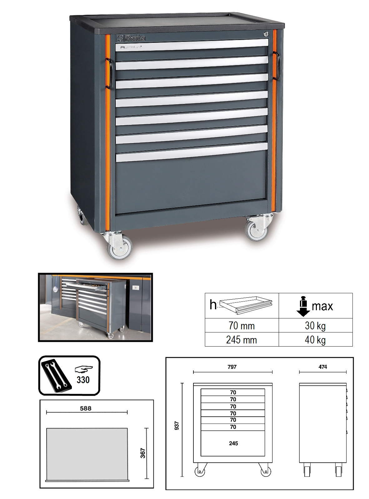Beta Tools Model C55 C7-Mobile Roller Cab with 7 Drawers Beta Tools Model C55 C7-Mobile Roller Cab with 7 Drawers